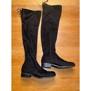 Thigh-High Black Suede Boots With Zipper & Lace-Up Detail